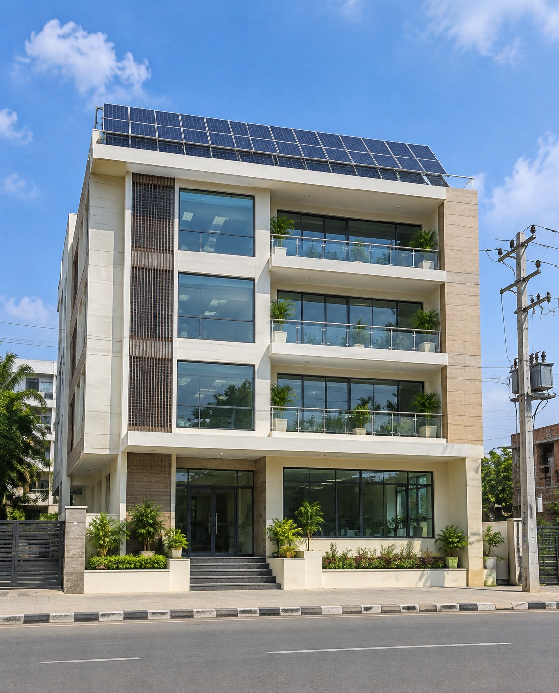 Four-storey office building in Bangladesh with a rooftop solar array installed by enerzico